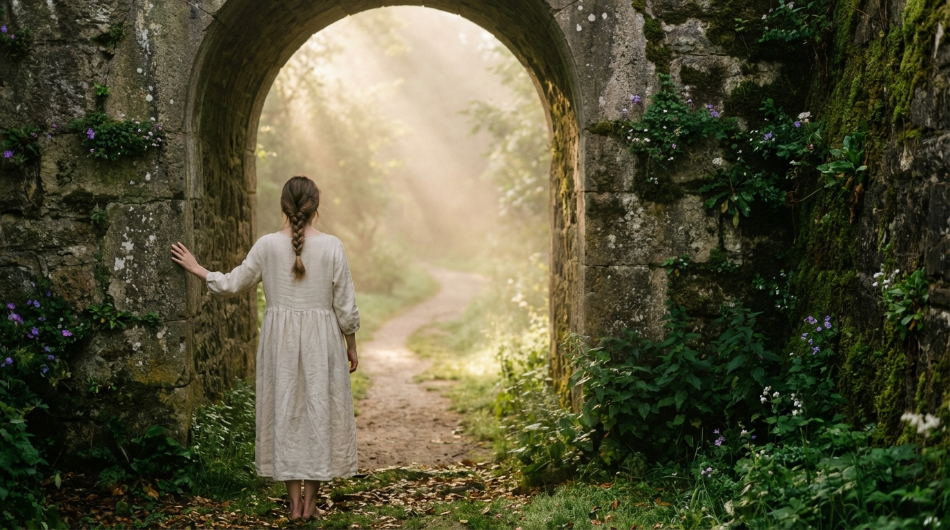 A woman standing in a sunlit doorway, looking out at a bright, open path, representing the freedom found when you reclaim your life from toxic disapproval.