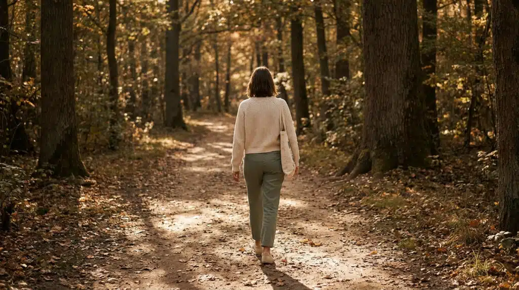 second-guess after leaving a narcissist — woman walking away down a quiet path moving forward after abuse with quiet determination