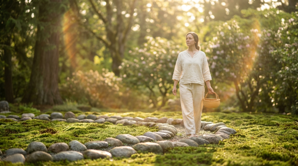 A person walking on a winding, circular garden path made of smooth stones, surrounded by soft sunlight and lush greenery, symbolizing the journey of gently interrupting the cycle when anxiety gets stuck on repeat.