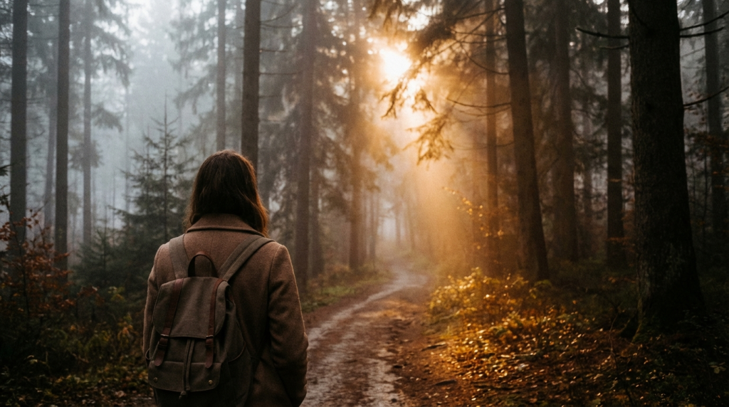 Person standing at misty forest path facing fear after narcissistic abuse without being fearless and choosing self sovereignty over staying still