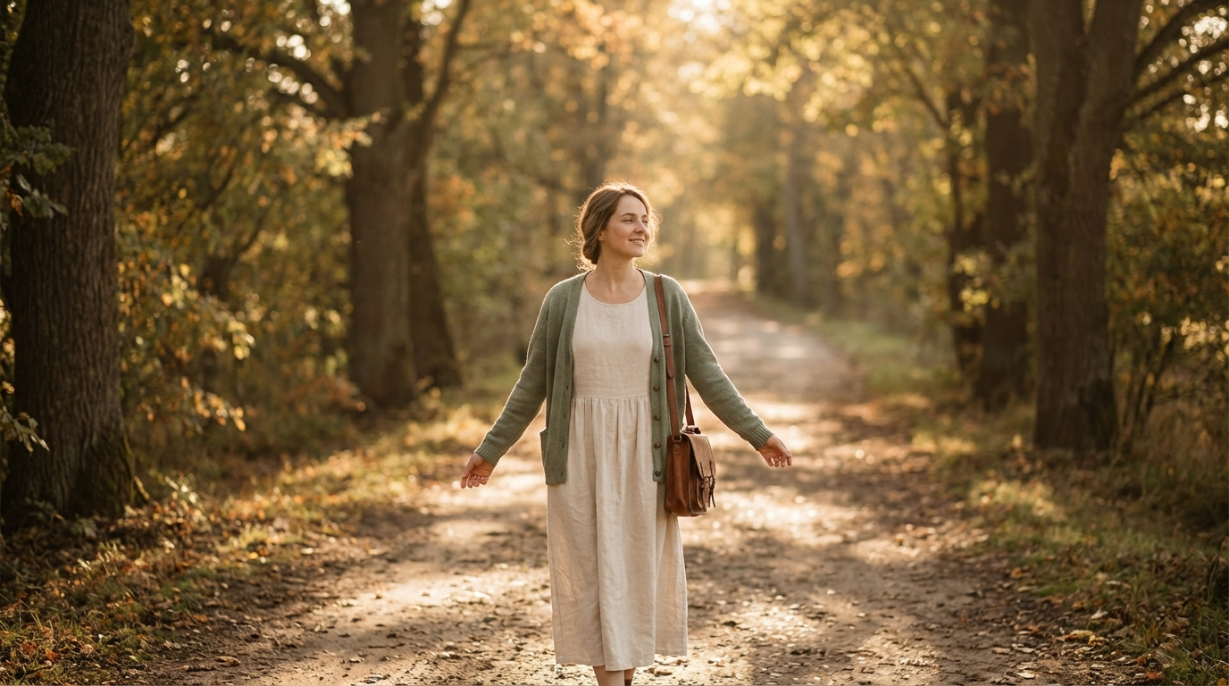 living without permission after abuse — woman walking freely along a sunlit path arms open face lifted toward the light finally free