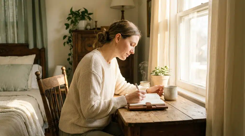 second-guess after leaving a narcissist — woman sitting at a desk writing in a journal reclaiming her voice and rebuilding self-trust