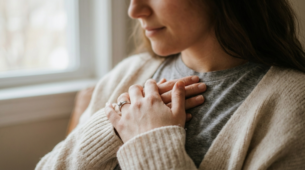 Woman sitting in warm light practicing somatic self mothering for emotional self regulation and nervous system calm