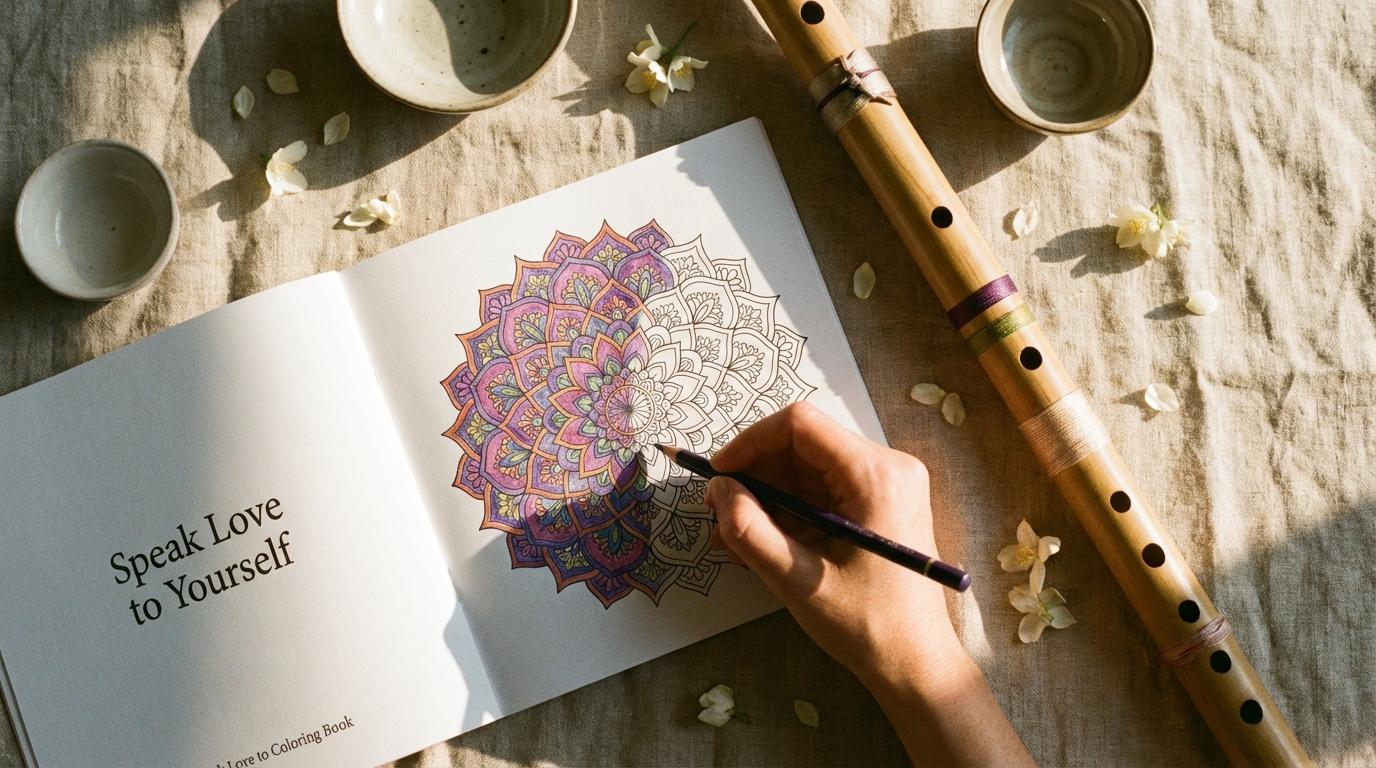 A flat-lay photo of a Korean bamboo flute next to a floral coloring book and colored pencils in warm sunlight, symbolizing healing through sound and action.