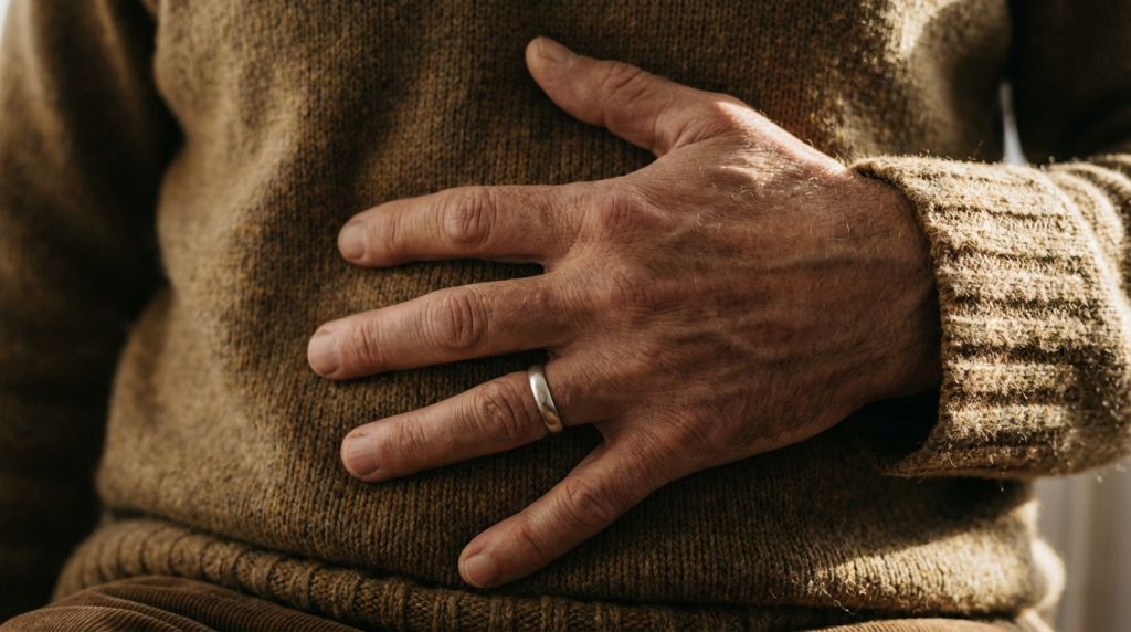 Close-up of a hand resting on the solar plexus in sunlight, a somatic anchor for emotional independence.
