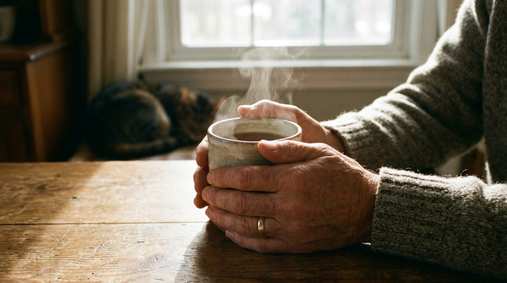 Hands resting on a warm cup, symbolizing grounding techniques to stop self-sabotage when things go well.
