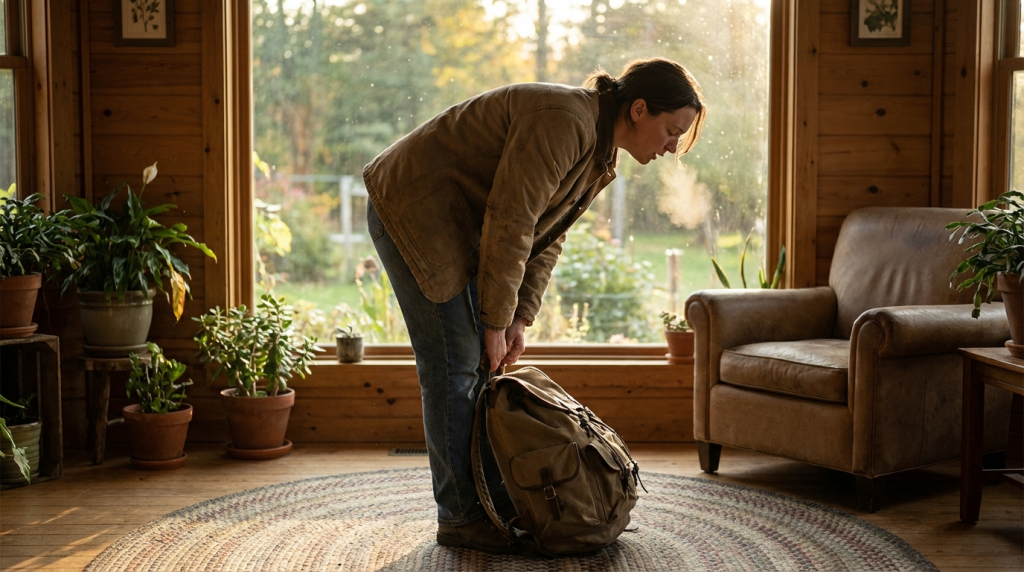 A person taking off a heavy backpack in a sunlit room, illustrating the relief of letting go of over-responsibility and healing from Superman Syndrome.