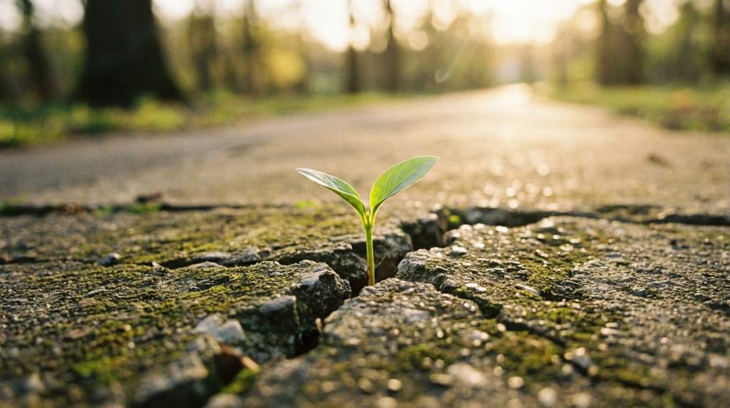 A sprout growing through concrete representing recovery from self-abandonment as love.