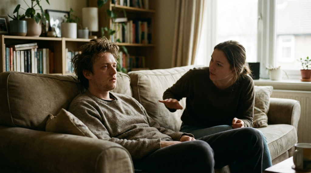 couple sitting on a couch demonstrating how love fades into hollow obligation when one partner is emotionally burned out.