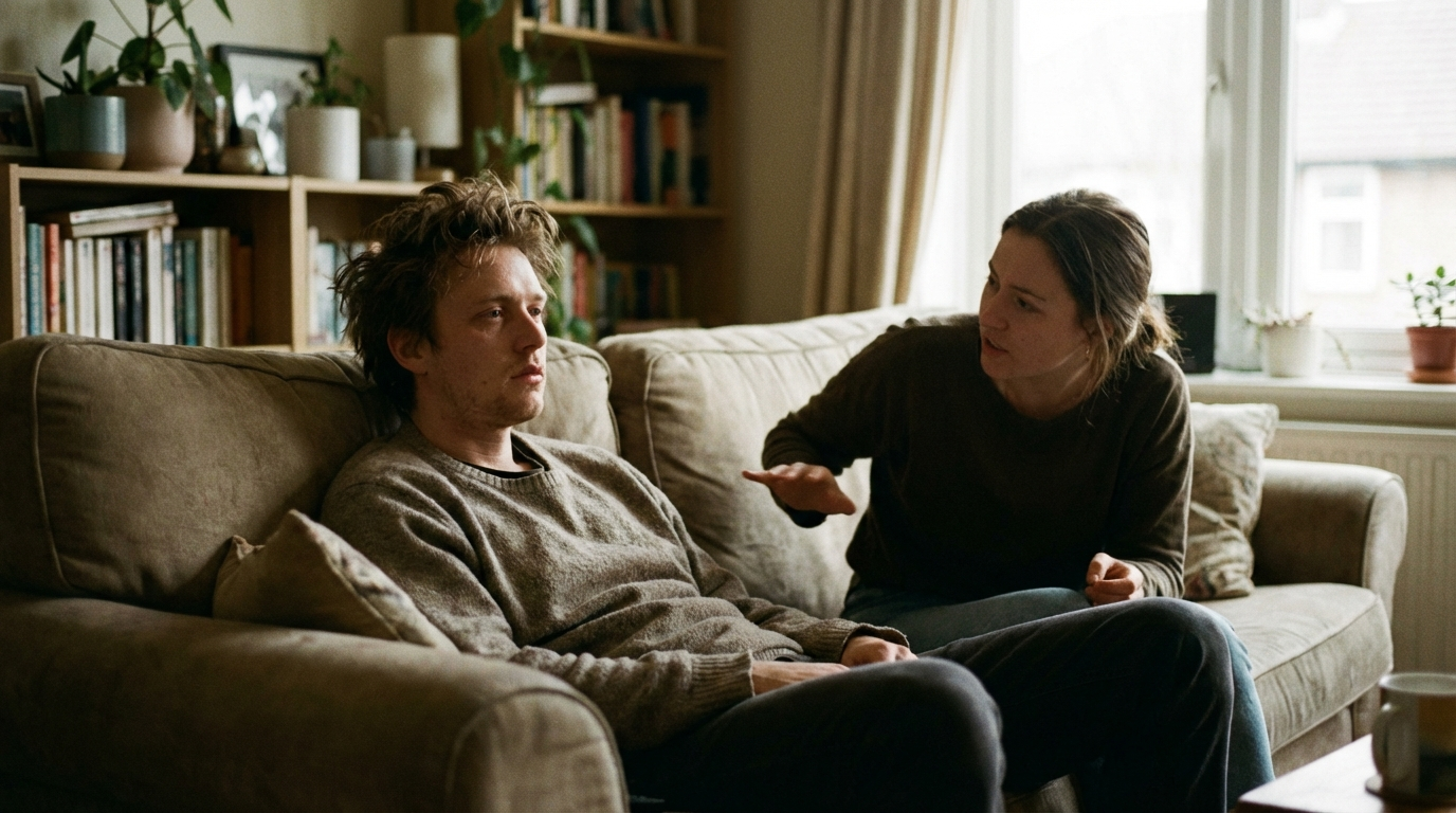 couple sitting on a couch demonstrating how love fades into hollow obligation when one partner is emotionally burned out.