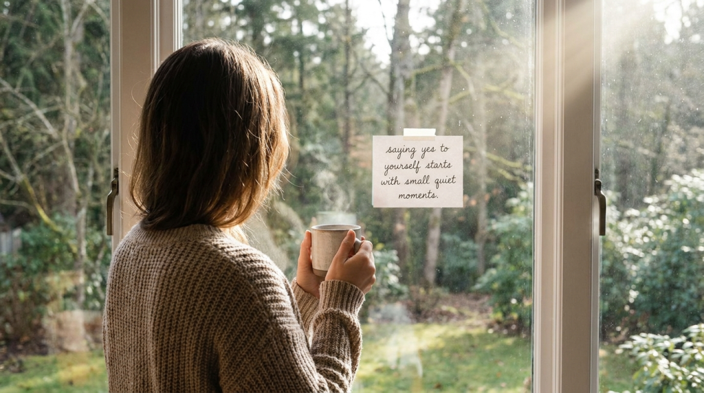 Woman holding coffee cup at window — saying yes to yourself starts with small quiet moments