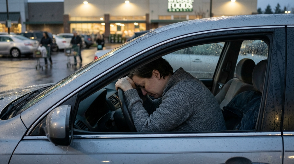 A person sitting exhausted in a car representing the toxic lie i believed about being good enough.