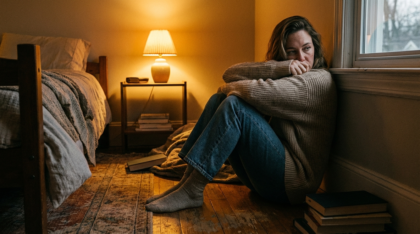 A woman processing anger after narcissistic abuse, sitting alone on her bedroom floor during her healing journey.
