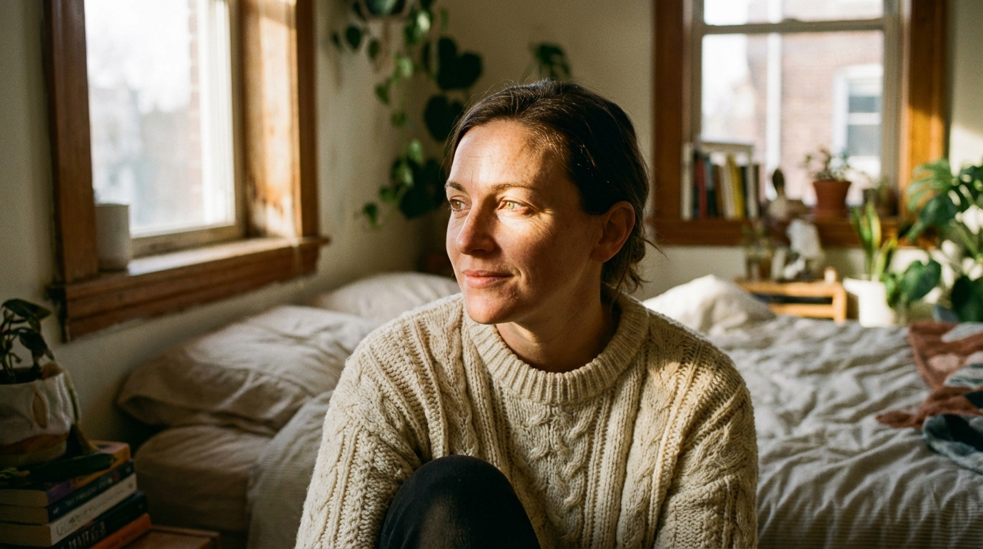 A realistic photograph of a woman in narcissistic abuse recovery, realizing that self-abandonment was love only in her past.