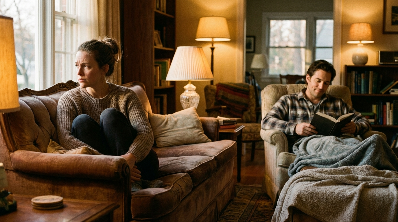 Why Even Safe Love Can't Silence Your Fear of Conflict 1 A realistic, cinematic photograph of a woman sitting on a sofa, looking thoughtful while her partner sits nearby in a comfortable, non-threatening posture. The lighting is soft and warm, capturing the internal tension of the woman despite the safety of the environment.