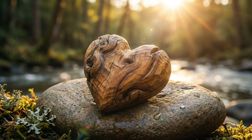 A single hand-carved wooden heart resting on a steady stone, representing reclaiming ownership over my heart after narcissistic abuse.